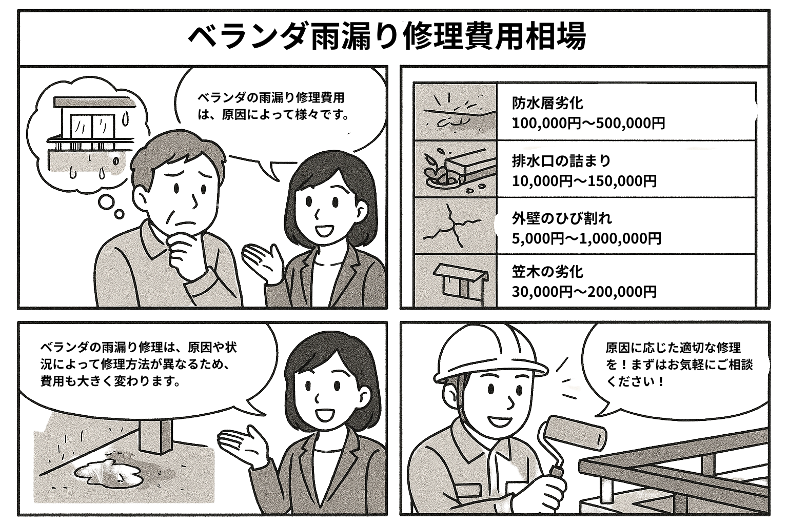 ベランダ雨漏り修理費用相場