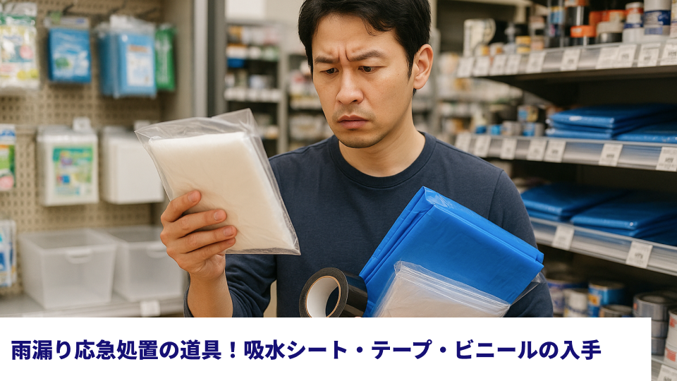 雨漏り応急処置の道具！吸水シート・テープ・ビニールの入手